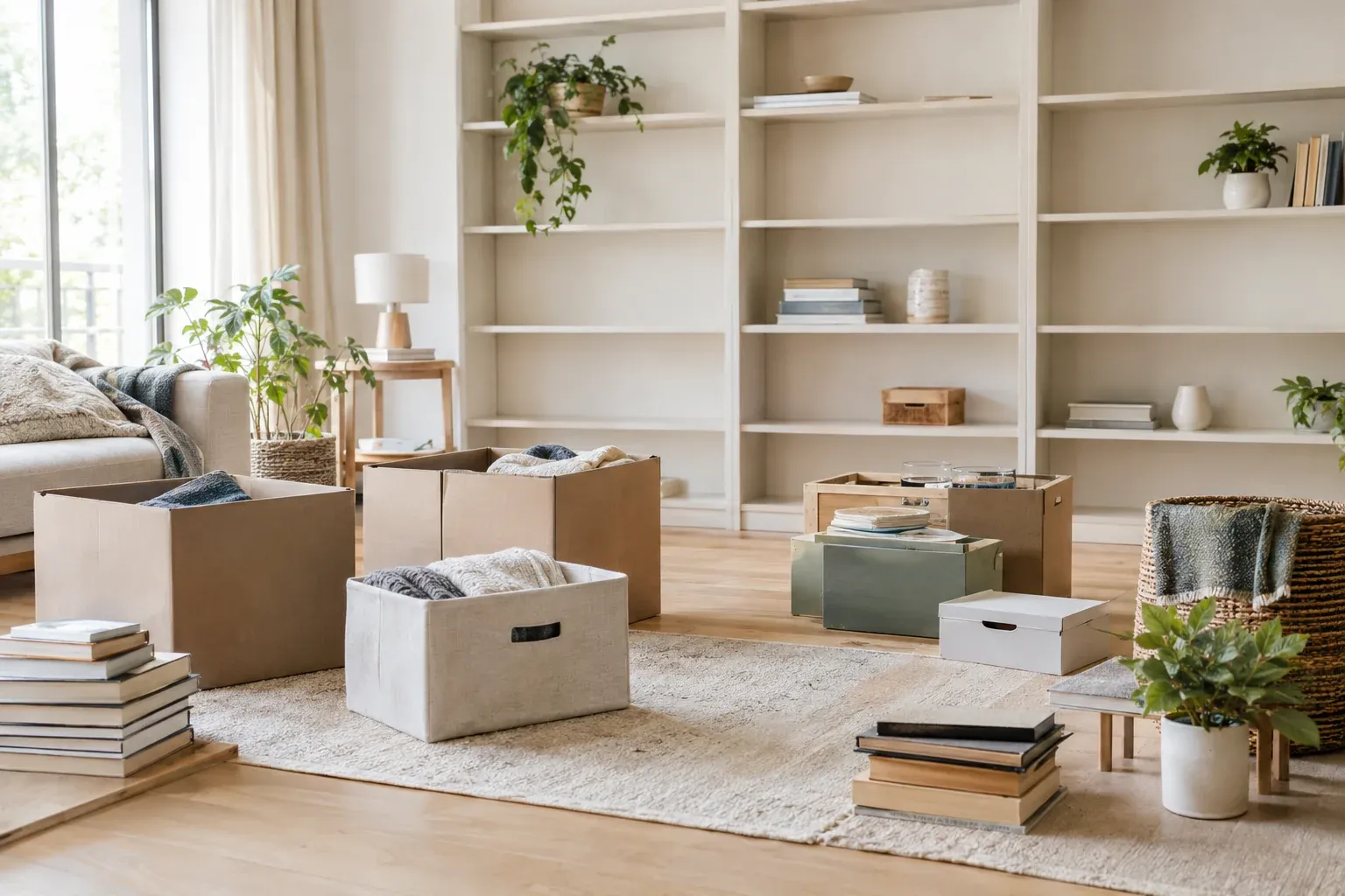 Aufgeräumter Wohnraum mit sortierten Gegenständen und leeren Regalen nach dem Ausmisten