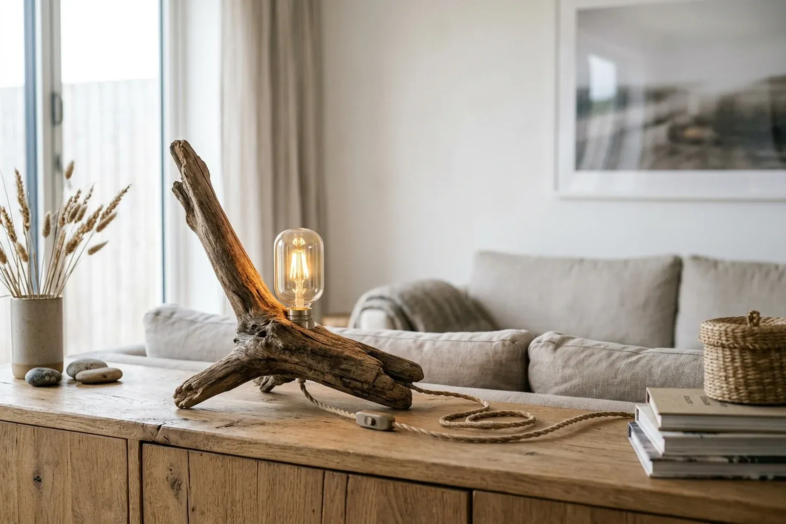7. DIY Lampe Holz: Tischleuchte aus Treibholz