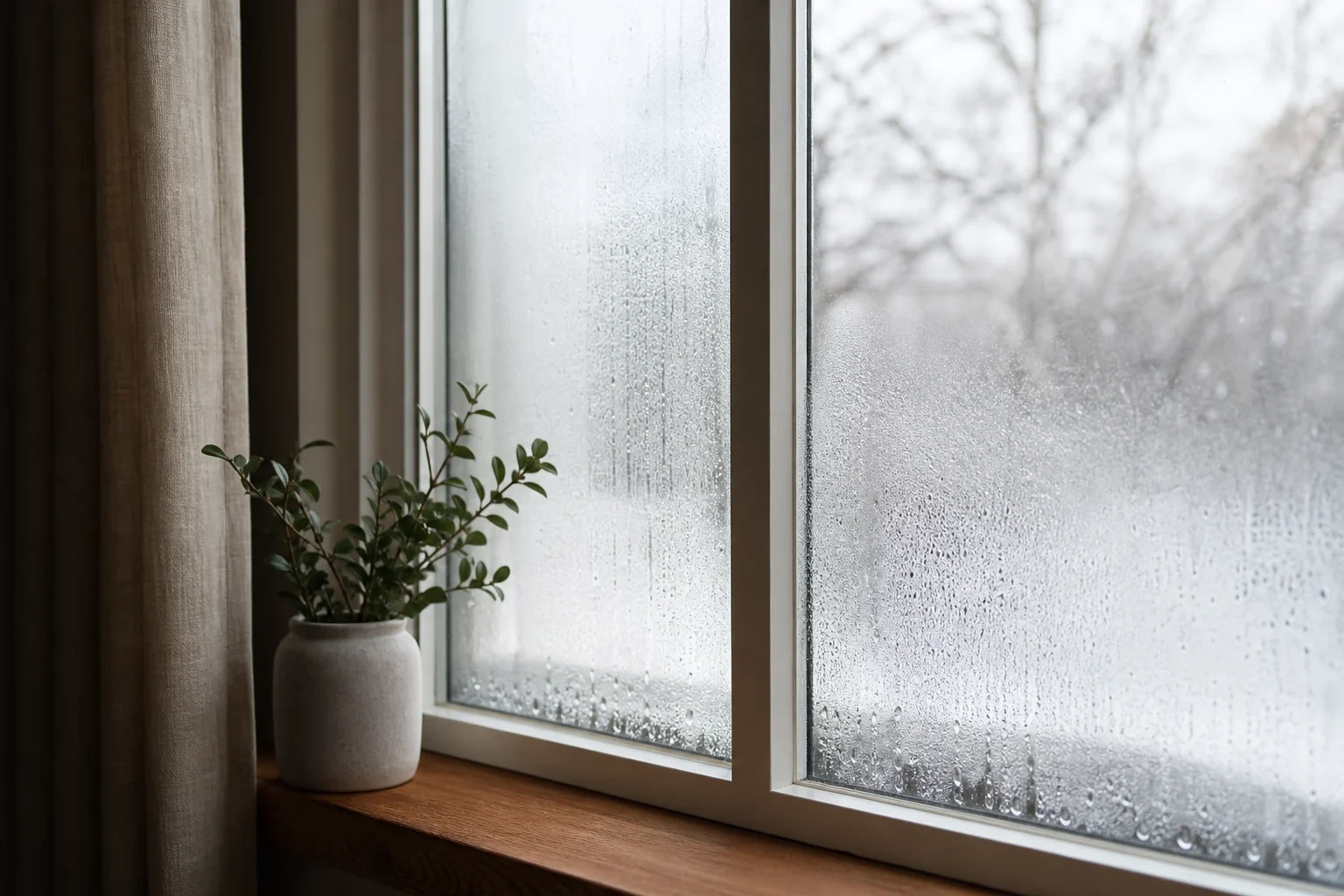 Beschlagenes Fenster mit Kondenswassertropfen an der Innenseite im Winter