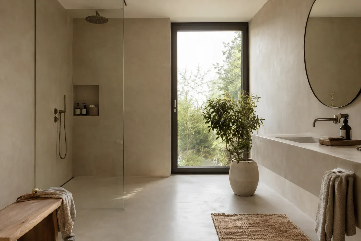Modernes fugenloses Badezimmer mit Mikrozement an Wänden und Boden