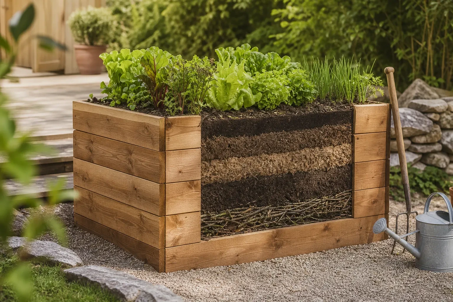 Fertiges Holz-Hochbeet im Garten mit frisch befüllten Pflanzschichten