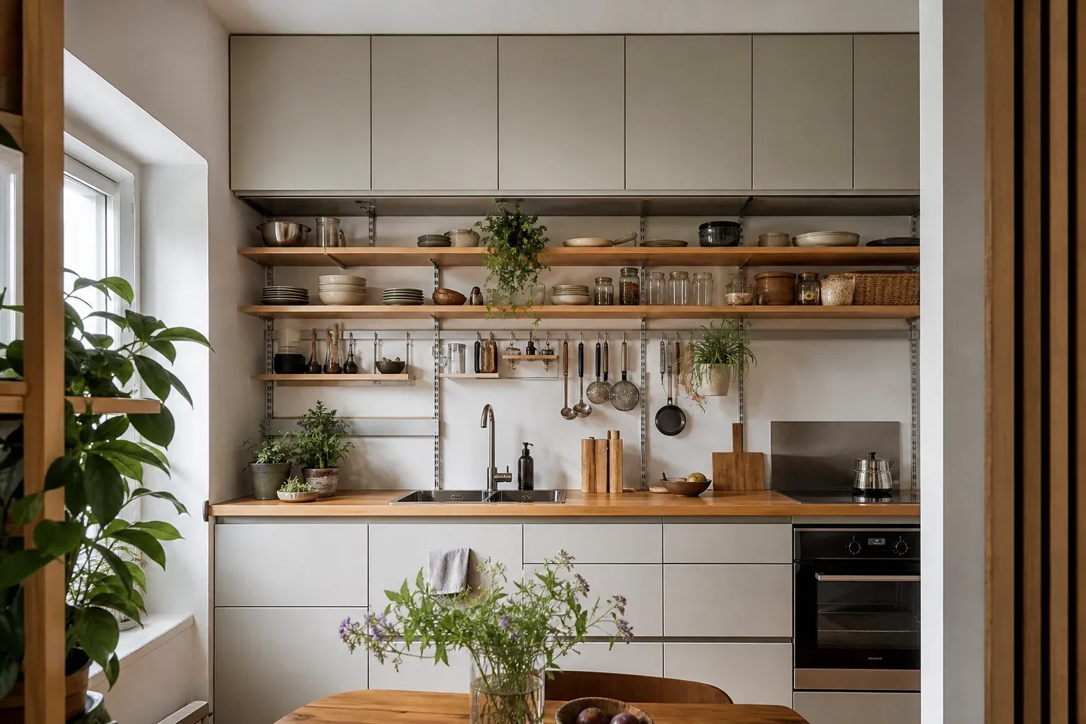 Kleine Küche mit Wandschienen, Hängeregalen und Stauraum bis unter die Decke