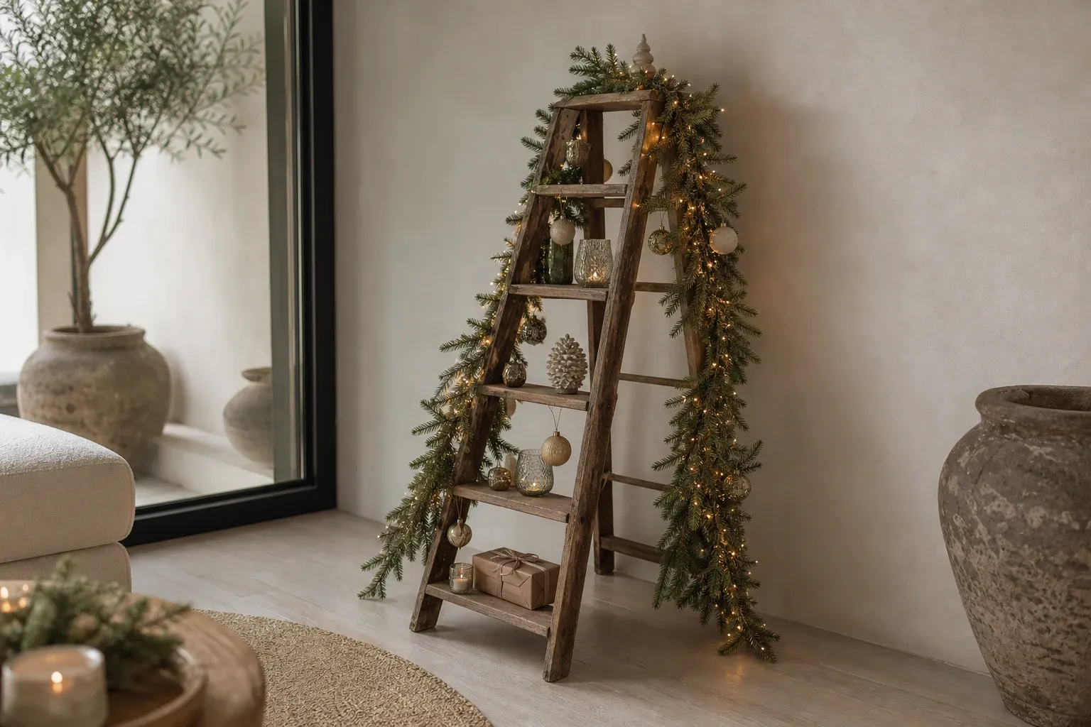 5. Leiter-Weihnachtsbaum: Deko trifft Stauraum