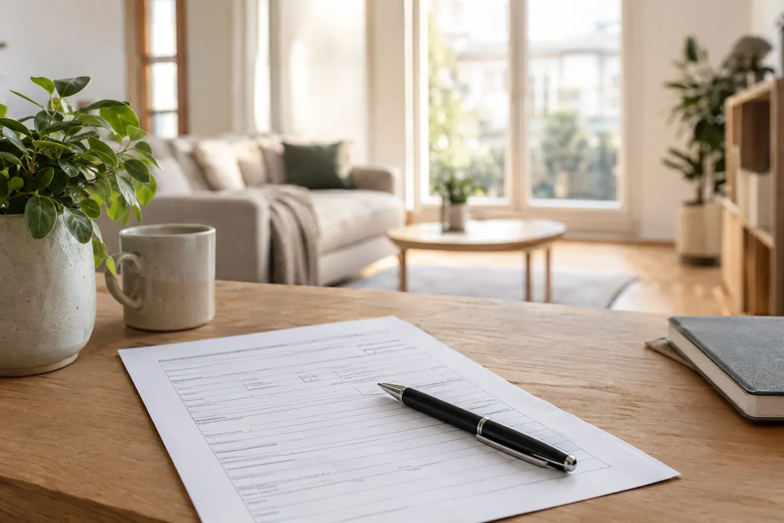Mieterselbstauskunft Formular mit Stift auf einem Tisch vor der Wohnungsbesichtigung