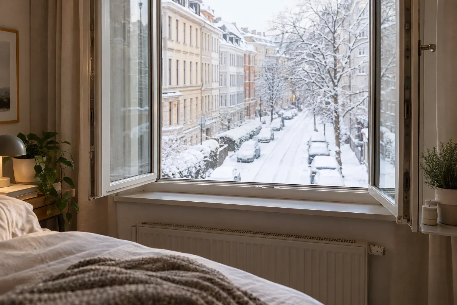 Weit geöffnetes Fenster beim Stoßlüften im Winter mit Blick auf verschneite Straße