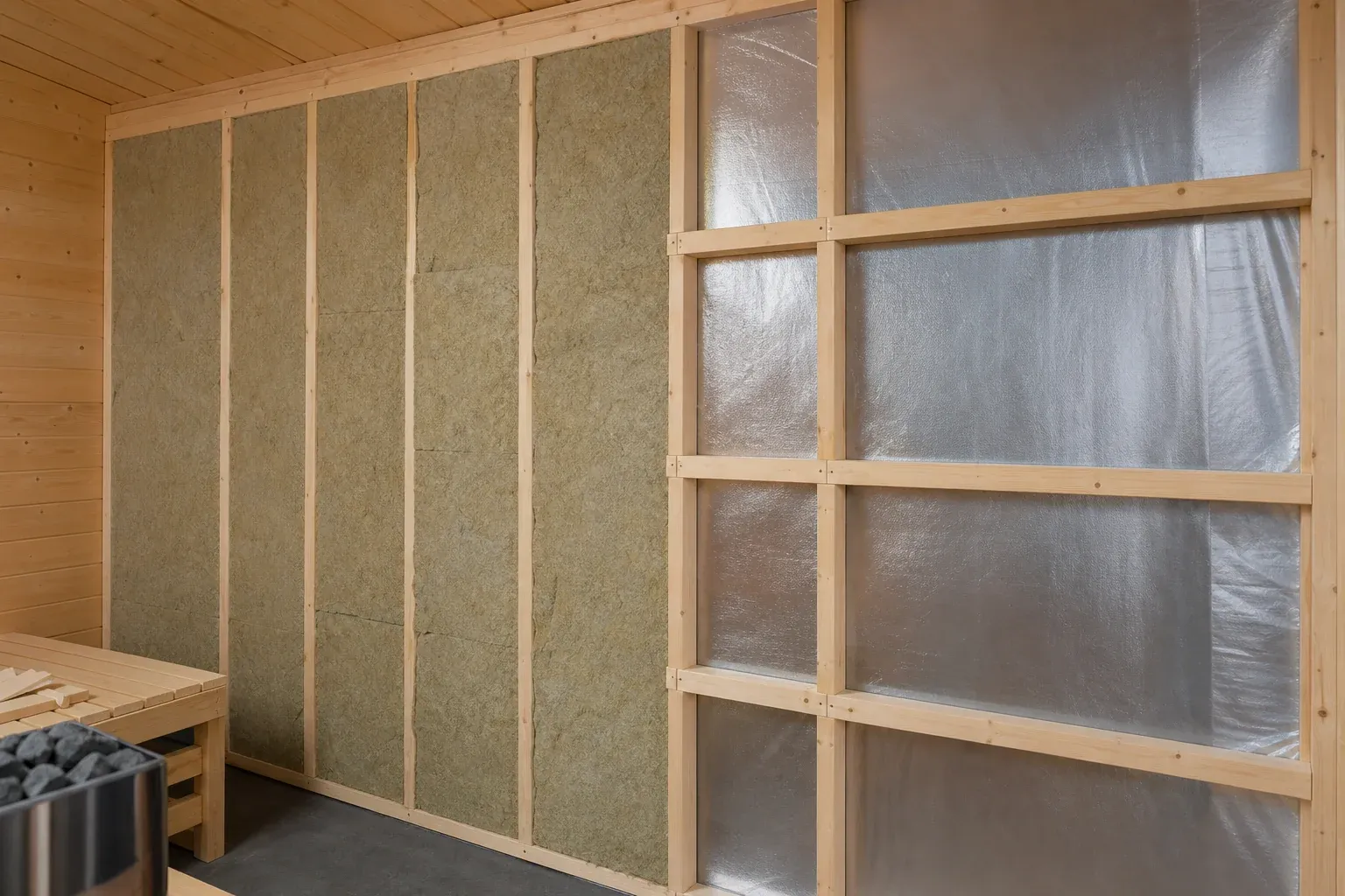 Wandaufbau beim Sauna selber bauen: Ständerwerk mit Mineralwolldämmung und Aluminium-Dampfsperre