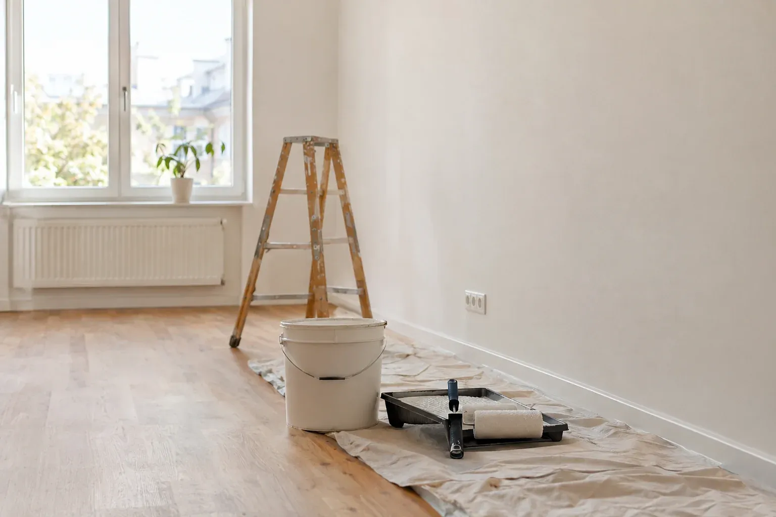 Frisch gestrichene Wand in einer Mietwohnung nach Schönheitsreparaturen vor der Wohnungsübergabe