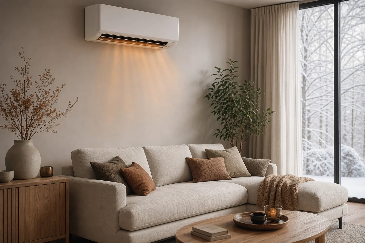 Split-Klimaanlage an einer Wohnzimmerwand während des Heizbetriebs im Winter