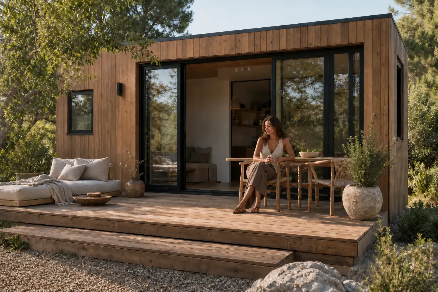 Modernes Tiny House mit 50 qm Wohnfläche und großer Terrasse im Grünen
