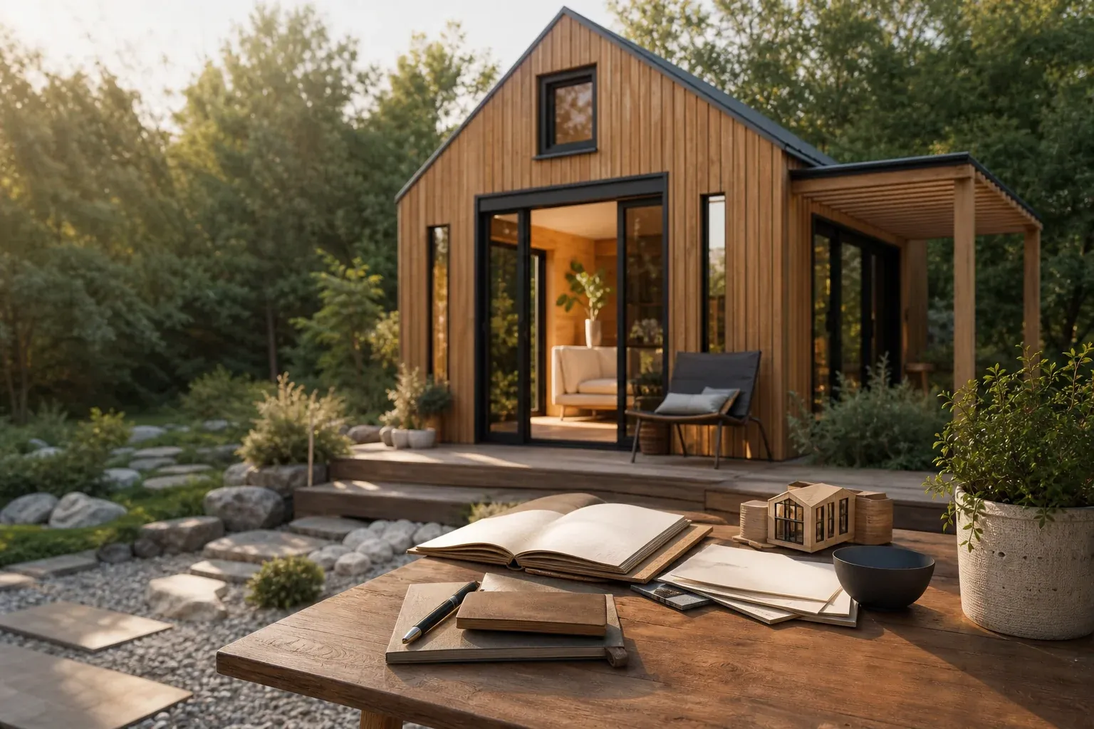 Kleines Tiny House mit heller Holzfassade und großen Glasfronten auf einem begrünten Grundstück, im Vordergrund ein Holztisch mit Notizbuch und Hausmodell