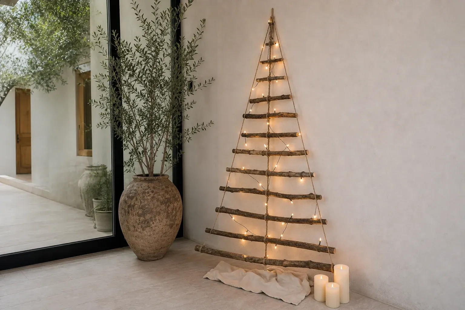 Selbstgebaute Weihnachtsbaum Alternative aus Holz und Lichterkette in einer hellen Wohnung