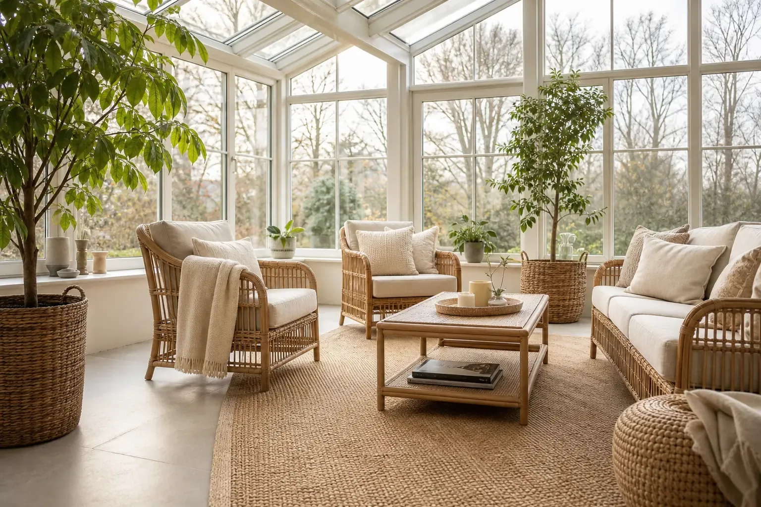 Heller Wintergarten mit Rattanmöbeln, Pflanzen und natürlichem Licht