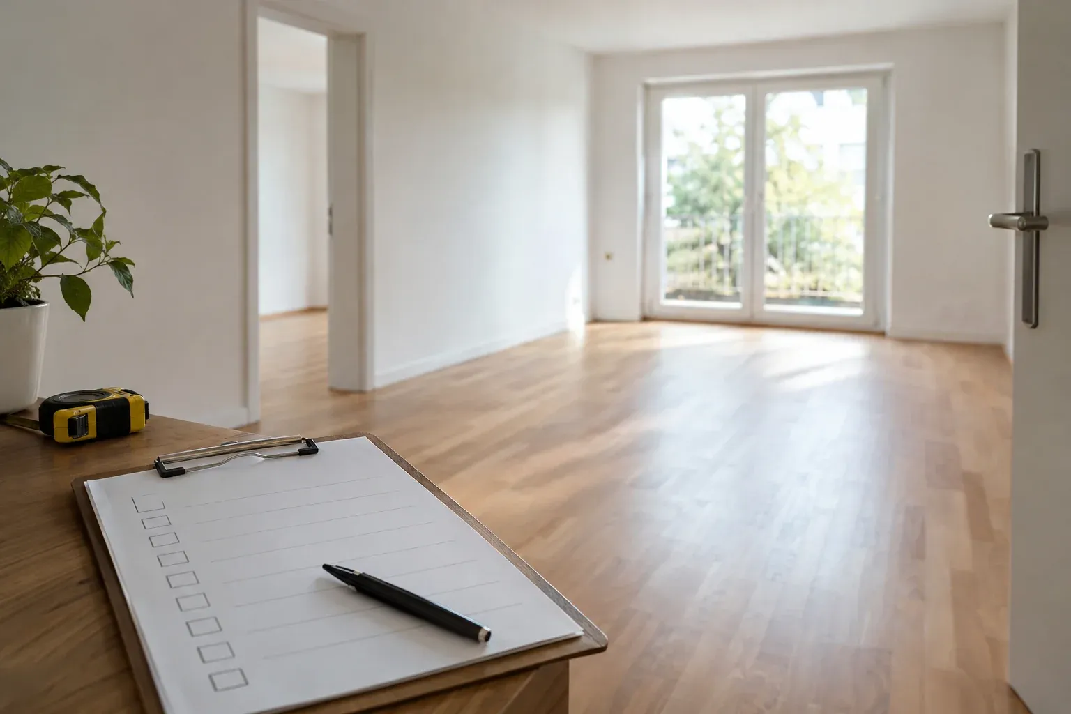 Raum für Raum Checkliste bei der Wohnungsübergabe mit Klemmbrett in leerer Wohnung